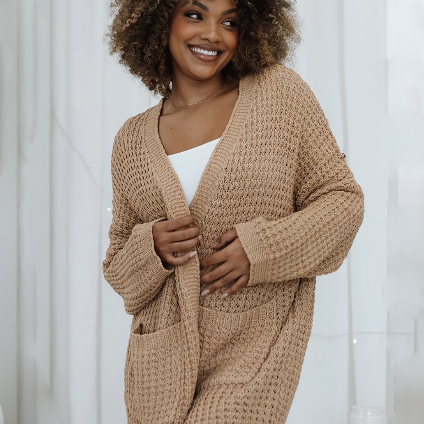 Solid Long Sleeve Open Front Cardigan With Pockets