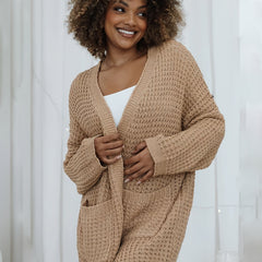 Solid Long Sleeve Open Front Cardigan With Pockets