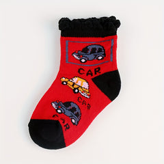 6pairs Baby Boys Crew Socks Cartoon Car Pattern Socks Toddler Children's Socks