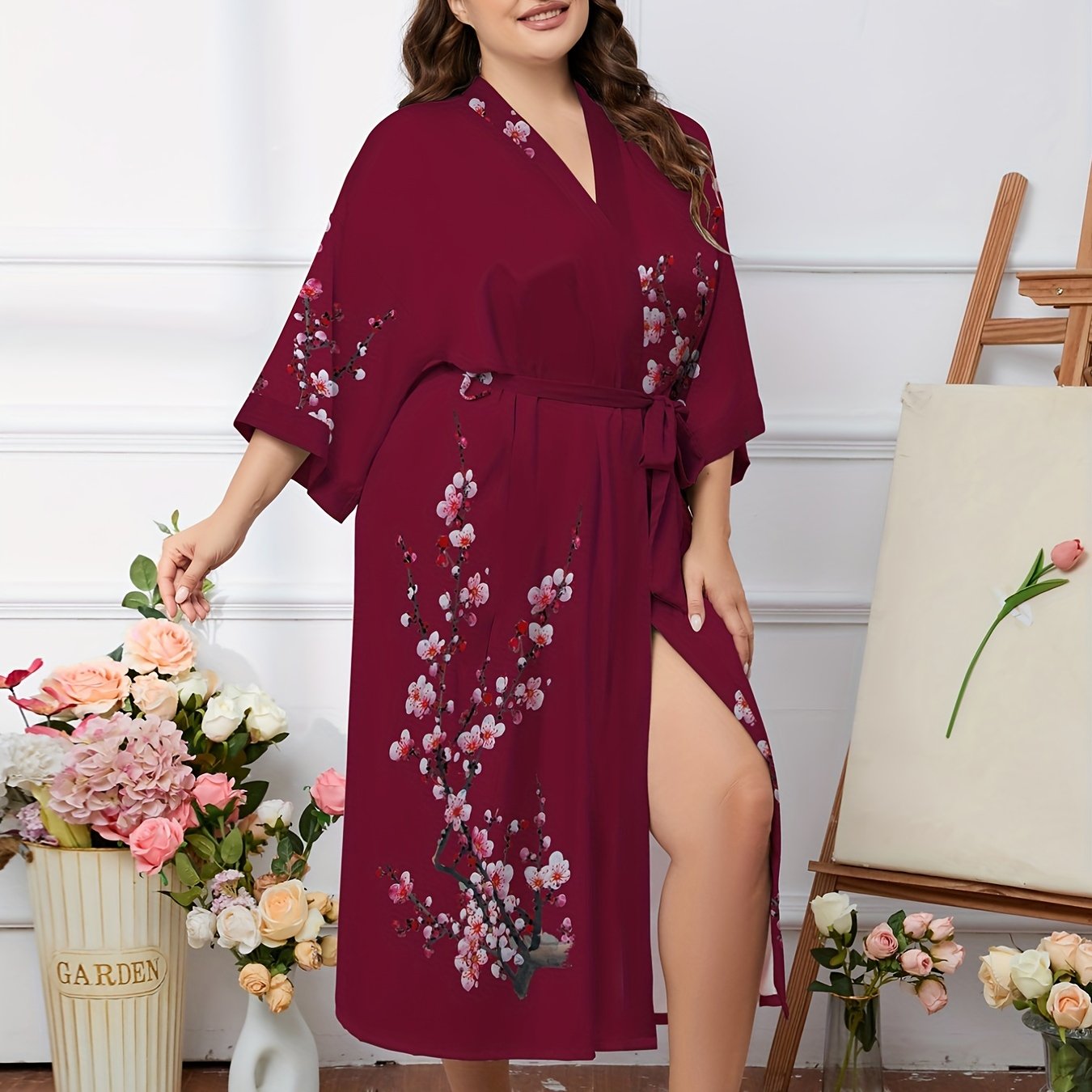 Plum Print Long Sleeve Robe Nightgown