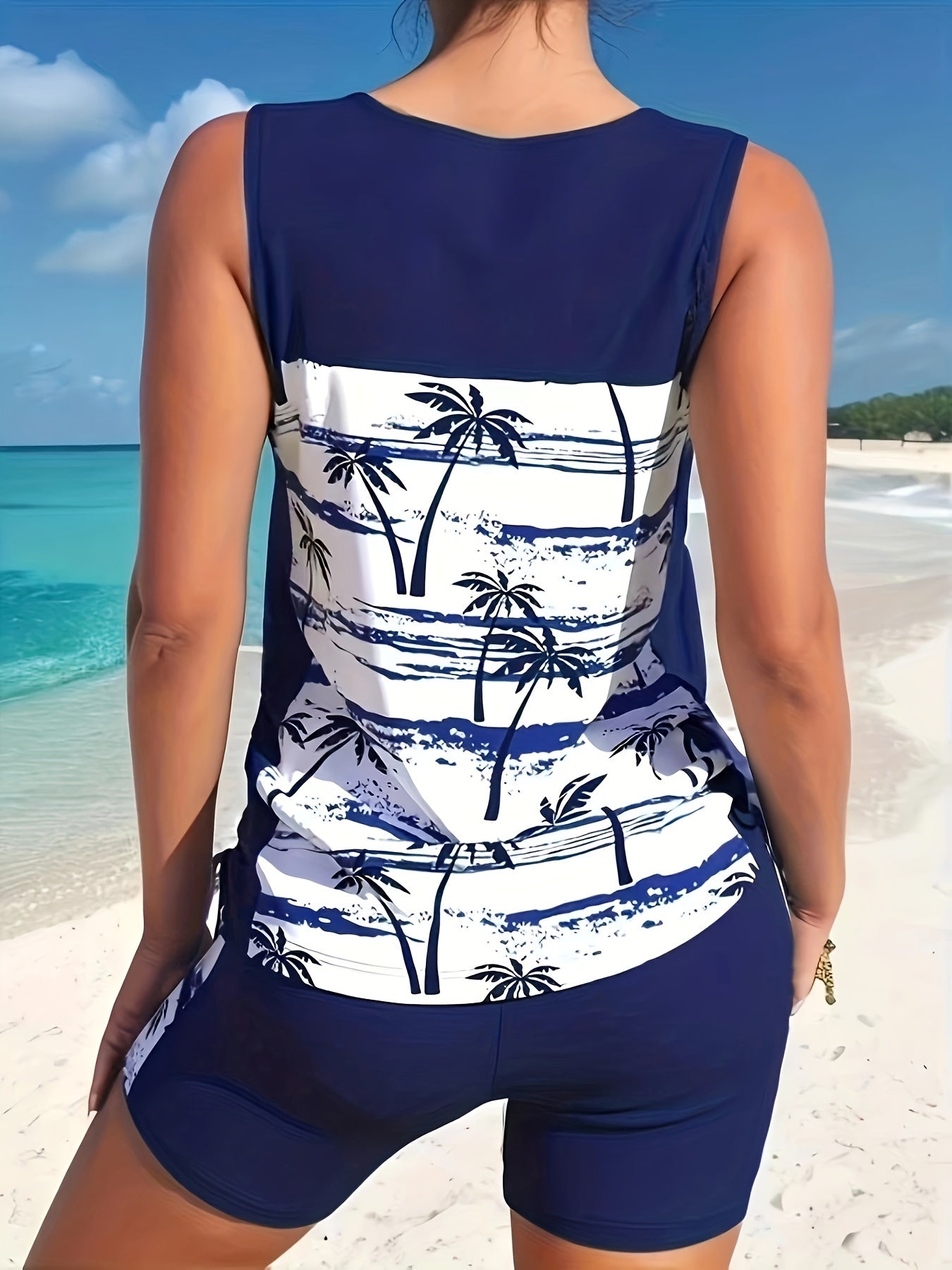 Tropical Print Tankini Set Criss Cross Front Drawstring Top & Shorts