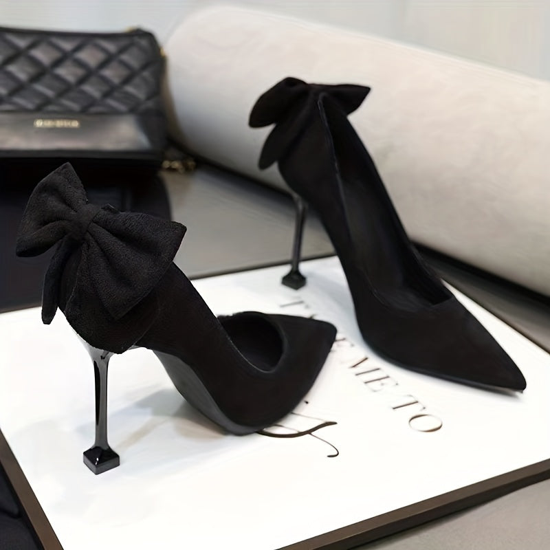 Solid Stiletto Heels Pointed Toe Slip-On Shoes with Bowknot Details