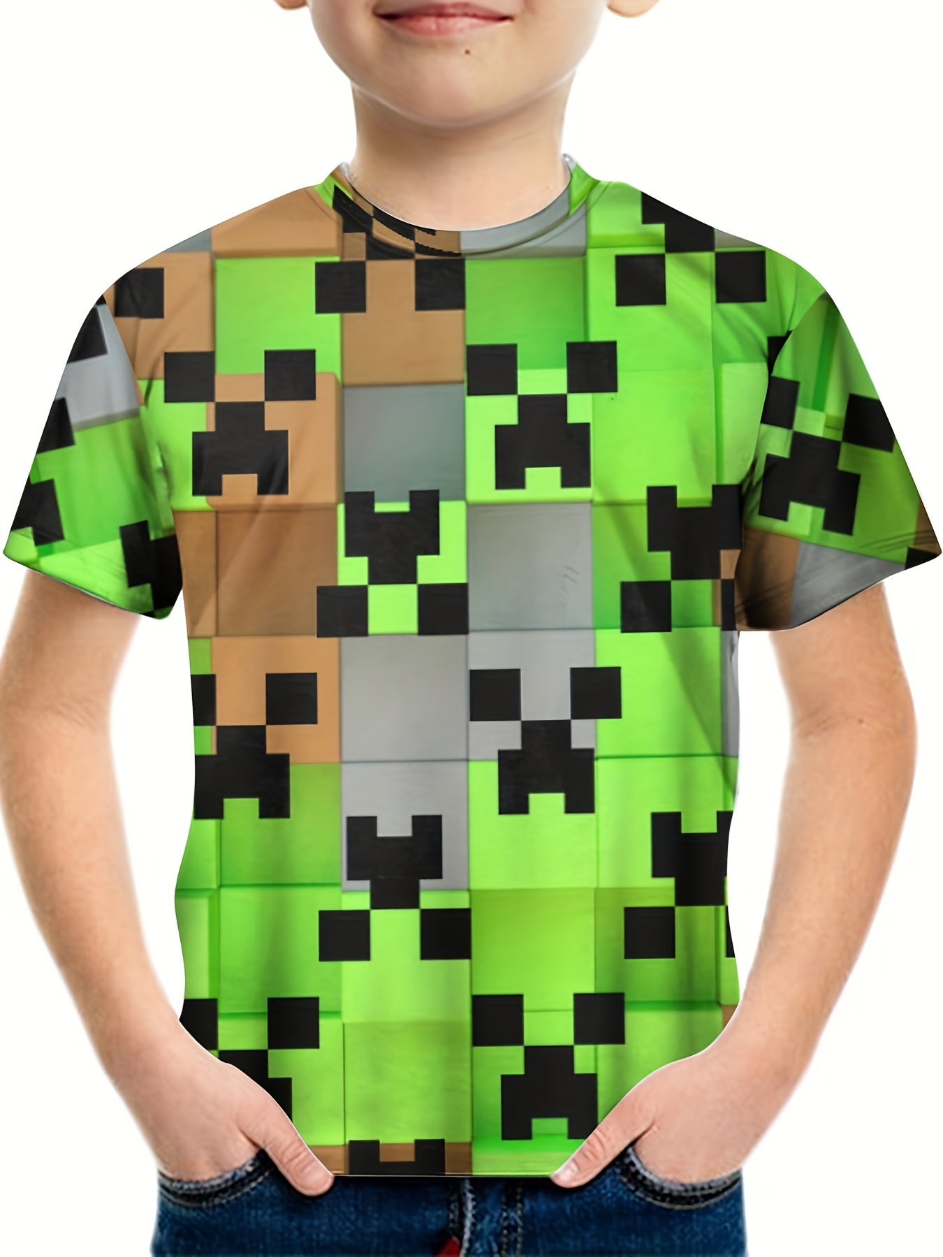 Pixel Block Print Boy's T shirt Short Sleeve Comfortable Summer Tee Tops