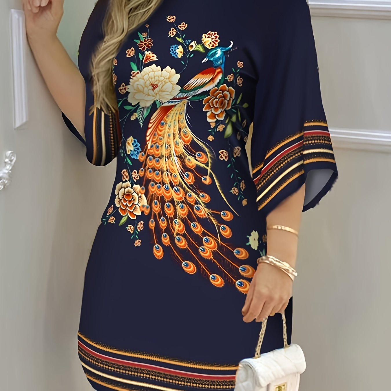 Peacock Print Half Sleeve Round Neck Mini Dress