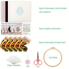 Adult Embroidery Starter Kit: Flower Patterns, Hoop, Thread, Needles