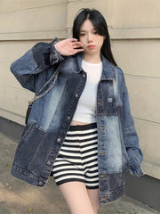 Women's Patchwork Lapel Denim Jacket Loose Fit Retro Style Coat