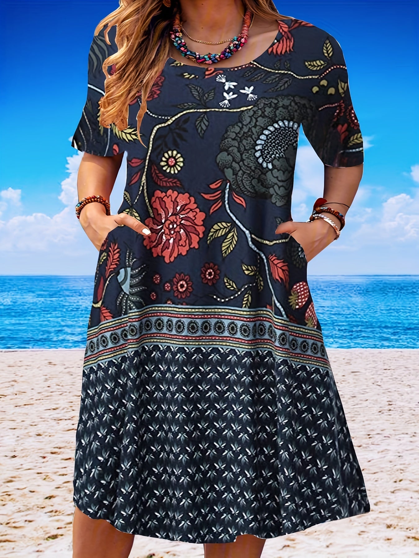 Floral Print Short Sleeve Round Neck Dress With Pockets