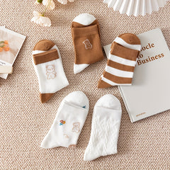 5 Pairs Bear Print & Striped Socks Women's Stockings