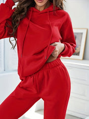 Casual Kangaroo Pocket Hoodie & Drawstring Pants Set Women's Outfit