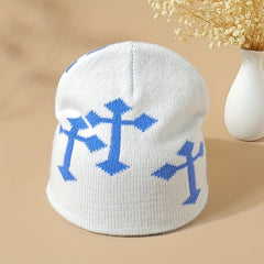Cross Jacquard Gothic Beanie Y2K Knit Hat Solid Elastic Skull Hat