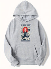 Japanese Style Print Hoodies For Men Graphic Sweatshirt With Kangaroo Pocket