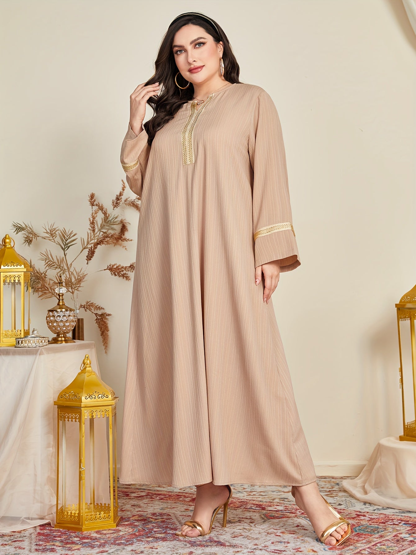 Casual Abaya Dress Women's Plus Colorblock Contrast Lace Maxi Dress