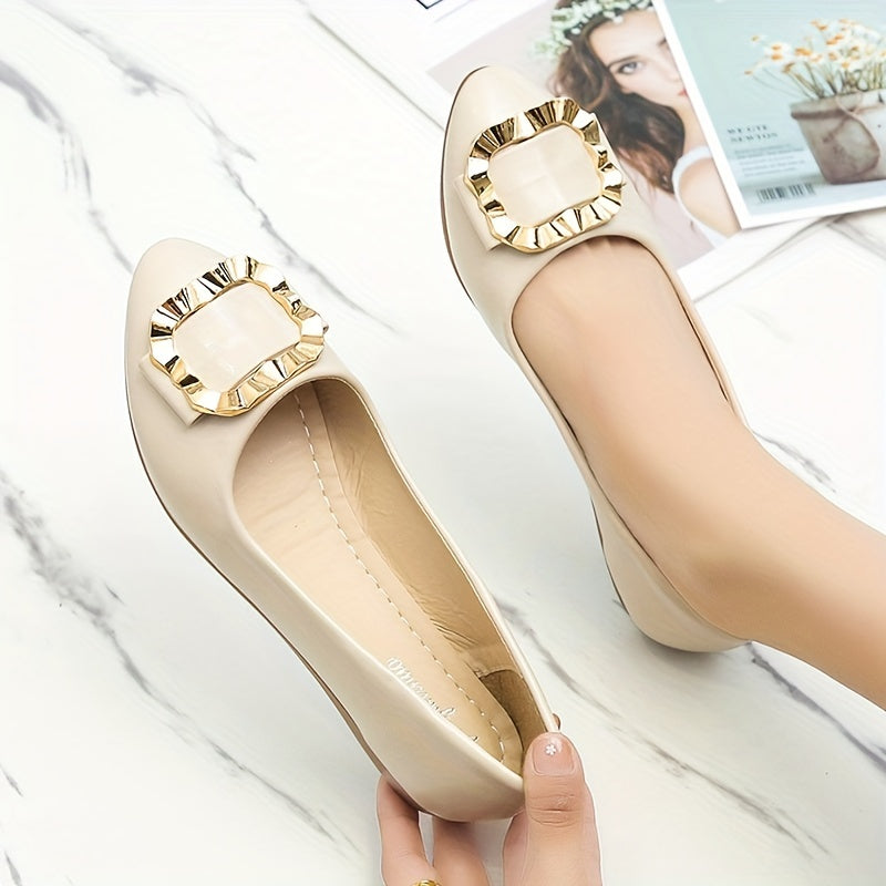 Women's Pointed Toe Metallic Square Buckle Flat Shoes Soft Sole Slip On Flats