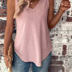 Eyelet Solid Tank Top V Neck Sleeveless Top Women's Clothing