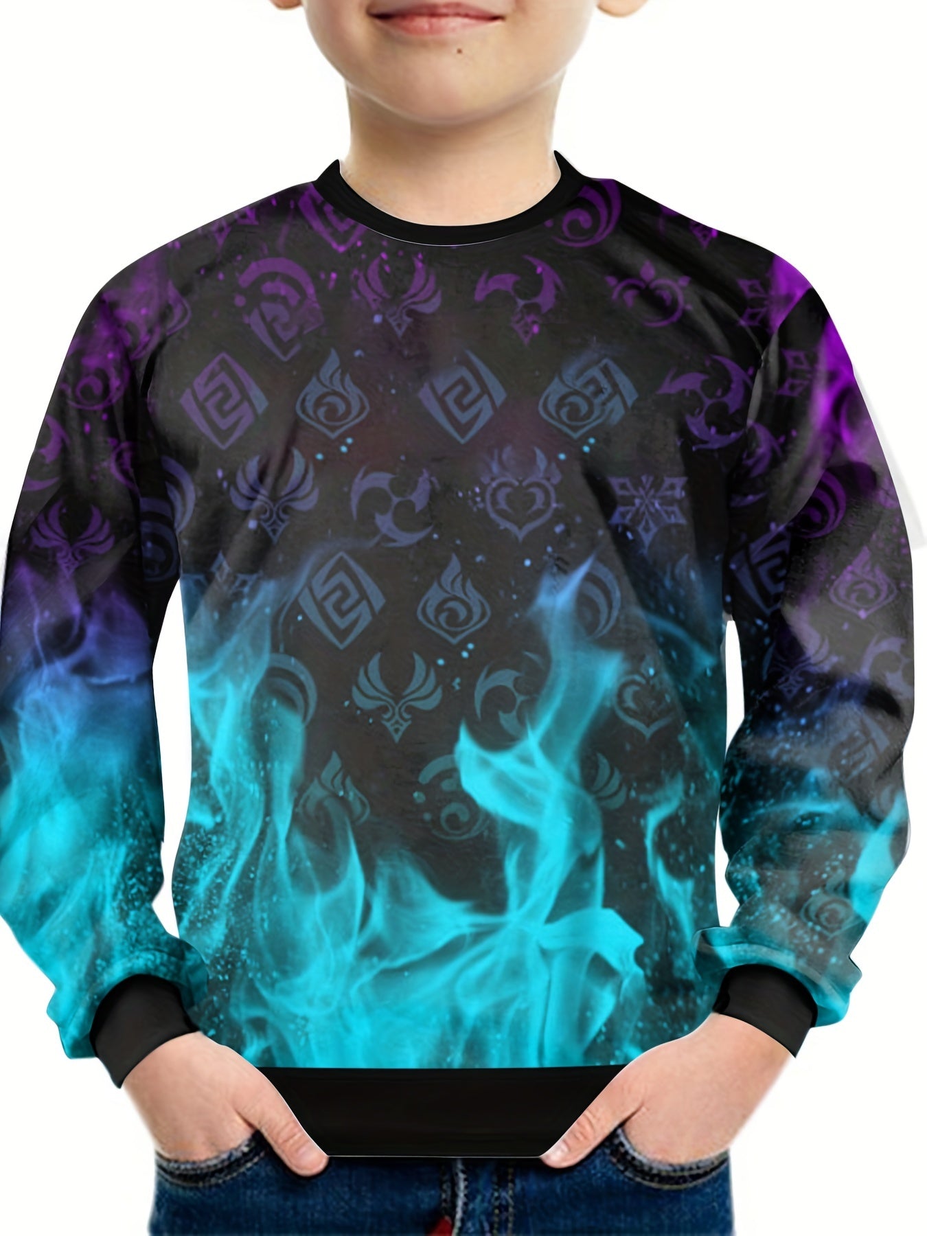 Teens Geo Pattern Flame 3D Print Sweatshirt