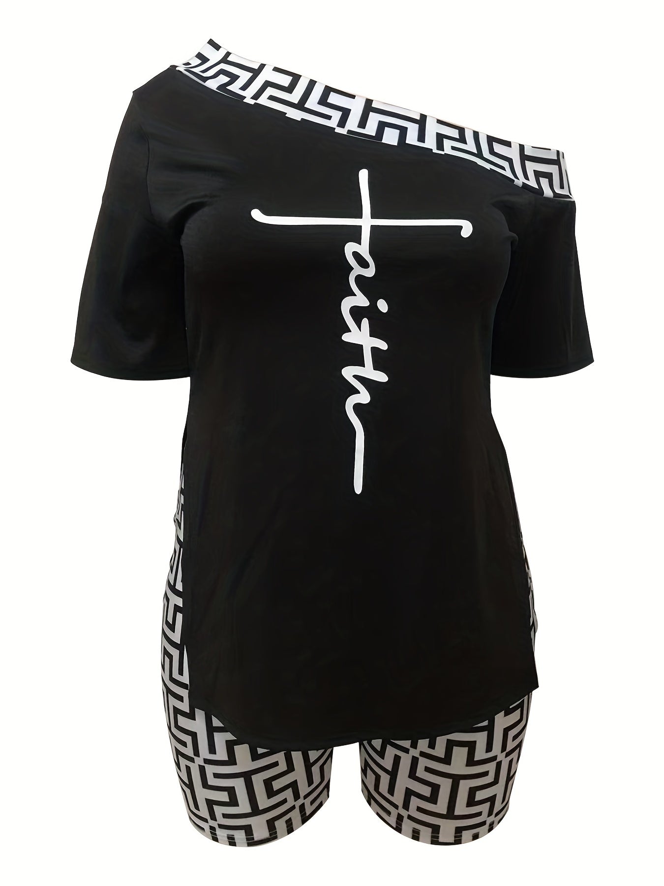 Women's Cross & Greek Print One Shoulder Two Piece Set