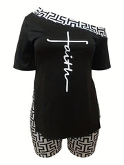 Women's Cross & Greek Print One Shoulder Two Piece Set
