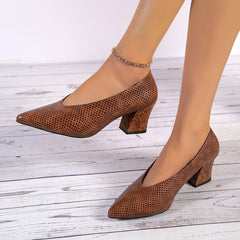 Women's Snakeskin Chunky Heel Shoes Point Toe Dress Pumps