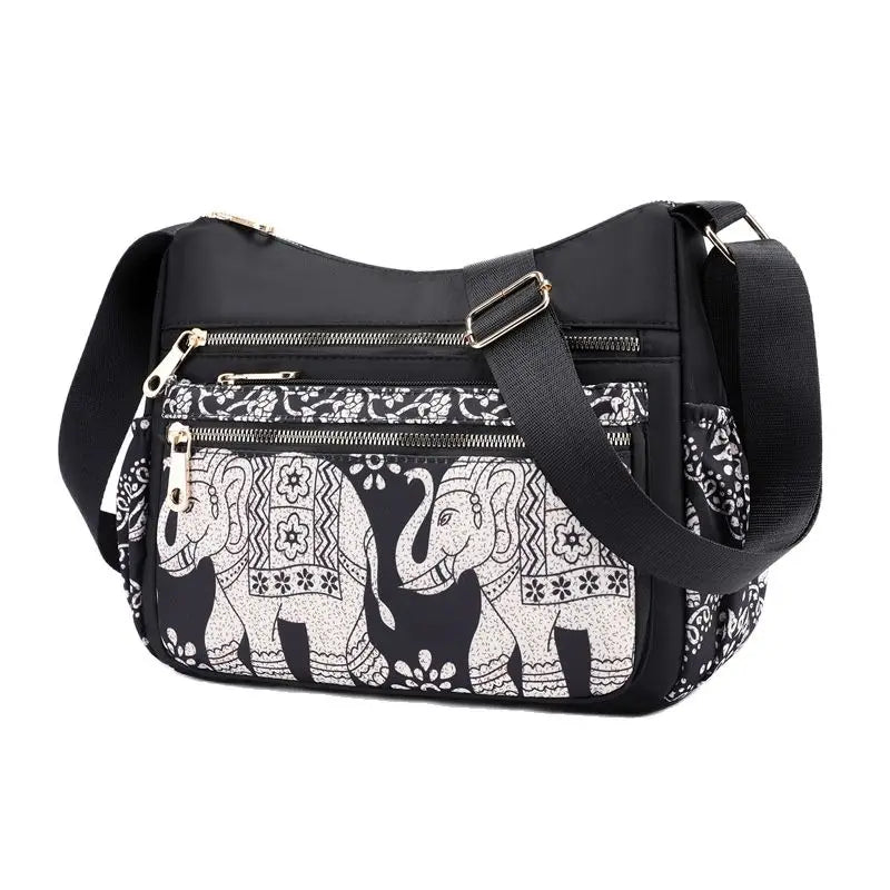 Nylon Canvas Shoulder Bag Traditional Elephant Print Clutch