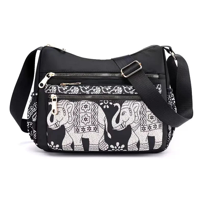 Nylon Canvas Shoulder Bag Traditional Elephant Print Clutch