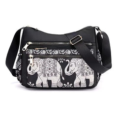 Nylon Canvas Shoulder Bag Traditional Elephant Print Clutch