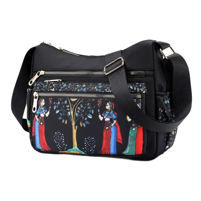 Nylon Canvas Shoulder Bag Traditional Elephant Print Clutch