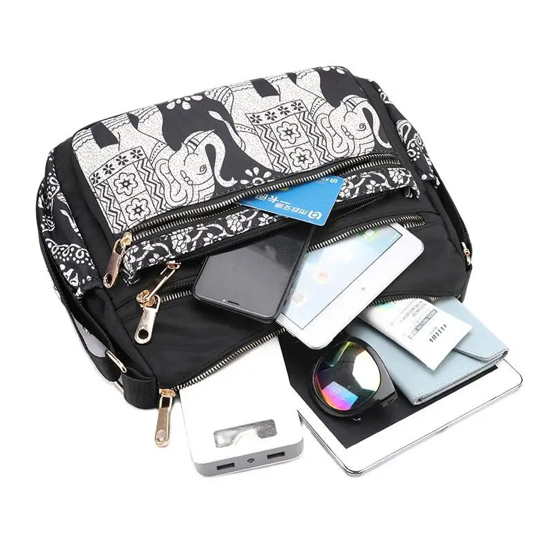 Nylon Canvas Shoulder Bag Traditional Elephant Print Clutch