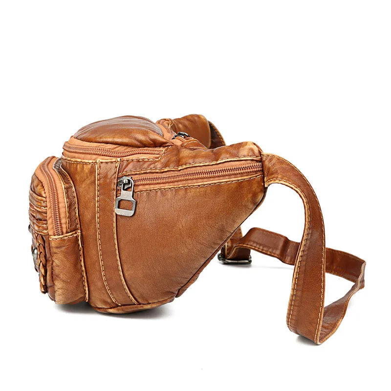 Women Leather Fanny Pack Chest Bag Multiple Zipper Pockets