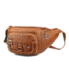 Women Leather Fanny Pack Chest Bag Multiple Zipper Pockets
