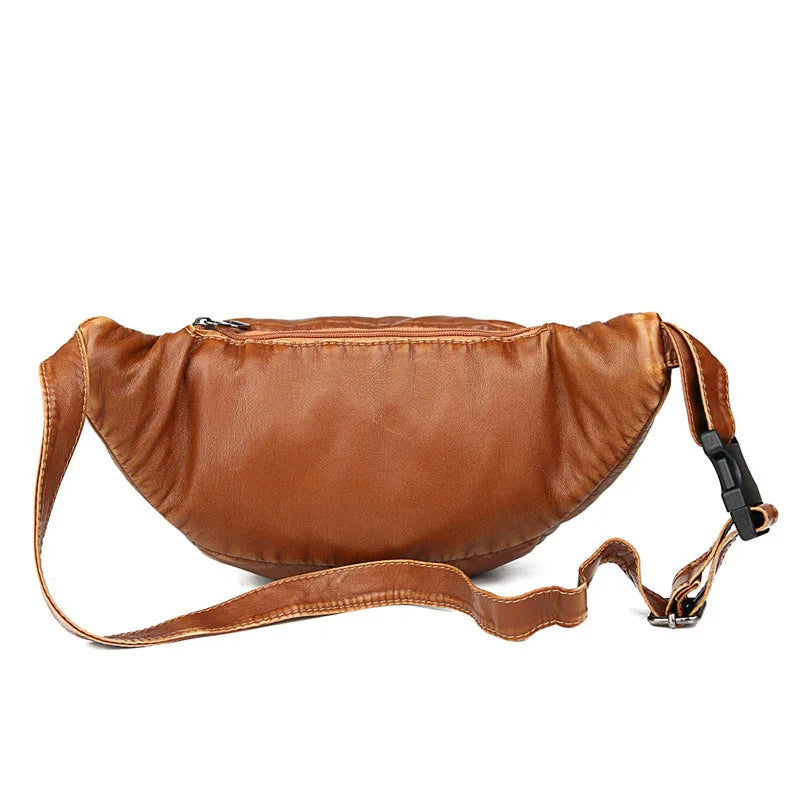 Women Leather Fanny Pack Chest Bag Multiple Zipper Pockets