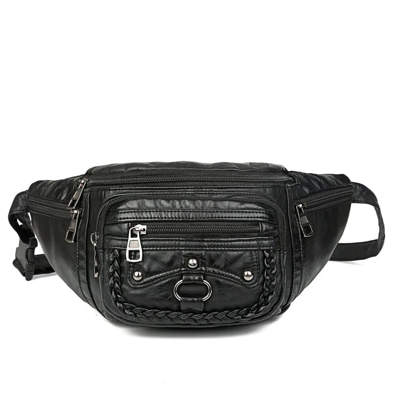Women Leather Fanny Pack Chest Bag Multiple Zipper Pockets
