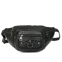 Women Leather Fanny Pack Chest Bag Multiple Zipper Pockets
