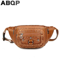 Women Leather Fanny Pack Chest Bag Multiple Zipper Pockets