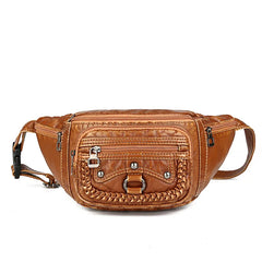 Women Leather Fanny Pack Chest Bag Multiple Zipper Pockets