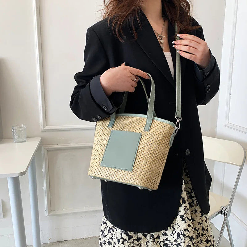 Summer Rattan Shoulder Bag for Women Travel Beach Casual Tote Woven Bag