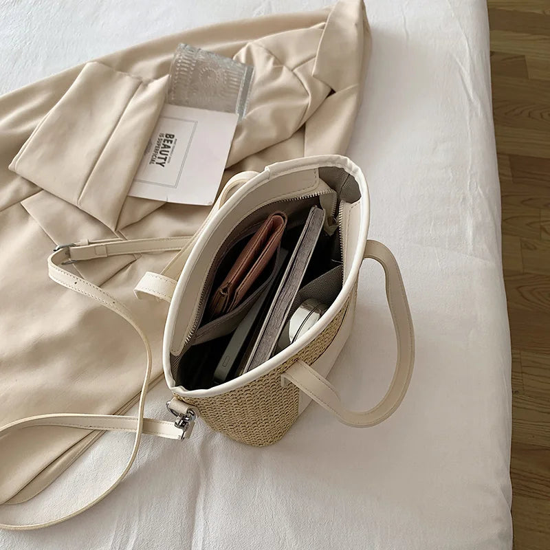 Summer Rattan Shoulder Bag for Women Travel Beach Casual Tote Woven Bag