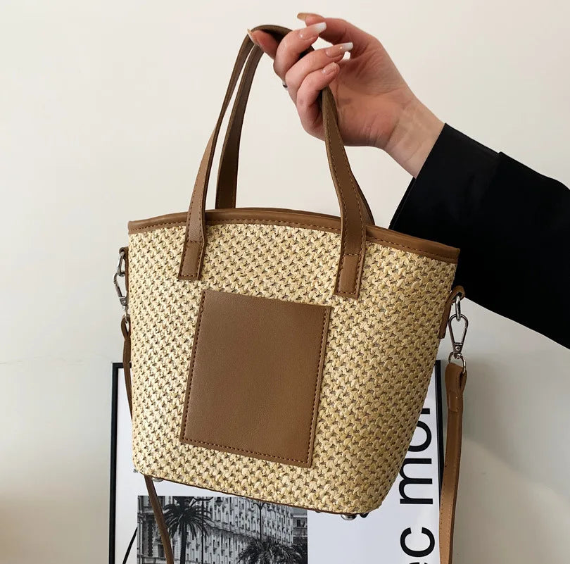 Summer Rattan Shoulder Bag for Women Travel Beach Casual Tote Woven Bag