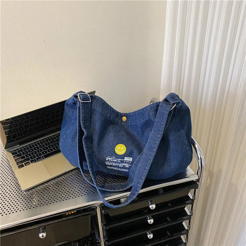 Denim Shoulder Bag Solid Canvas Satchel Cotton Women Messenger Bag