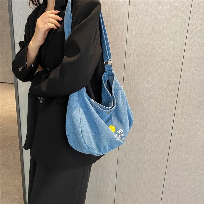 Denim Shoulder Bag Solid Canvas Satchel Cotton Women Messenger Bag