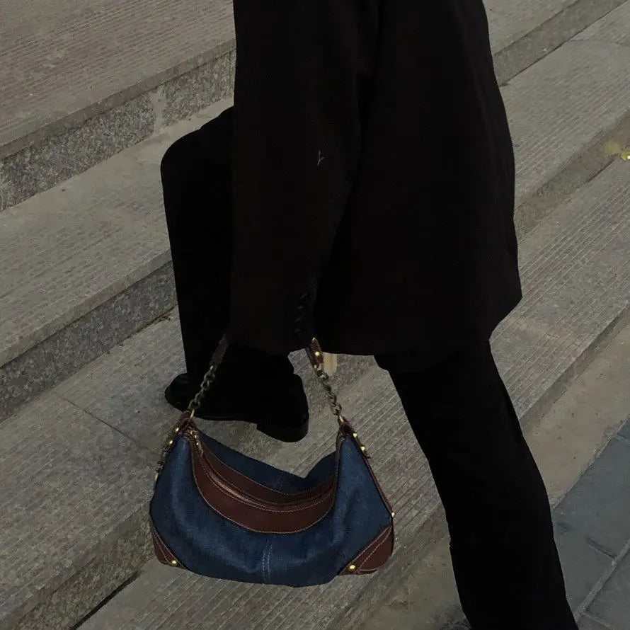 Vintage Chain Underarm Denim Shoulder Bag for Women