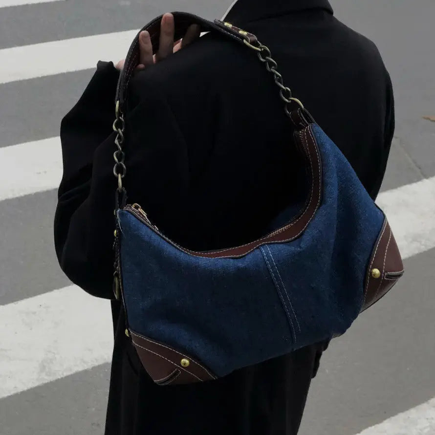 Vintage Chain Underarm Denim Shoulder Bag for Women