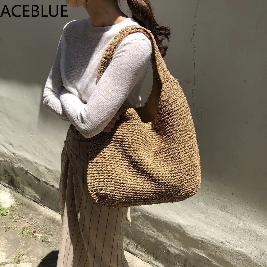 Rattan Women Shoulder Bags Wicker Woven Female Handbags Large Capacity