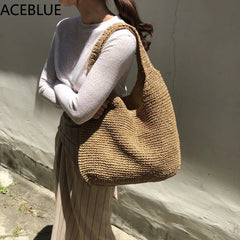 Rattan Women Shoulder Bags Wicker Woven Female Handbags Large Capacity
