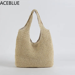 Rattan Women Shoulder Bags Wicker Woven Female Handbags Large Capacity