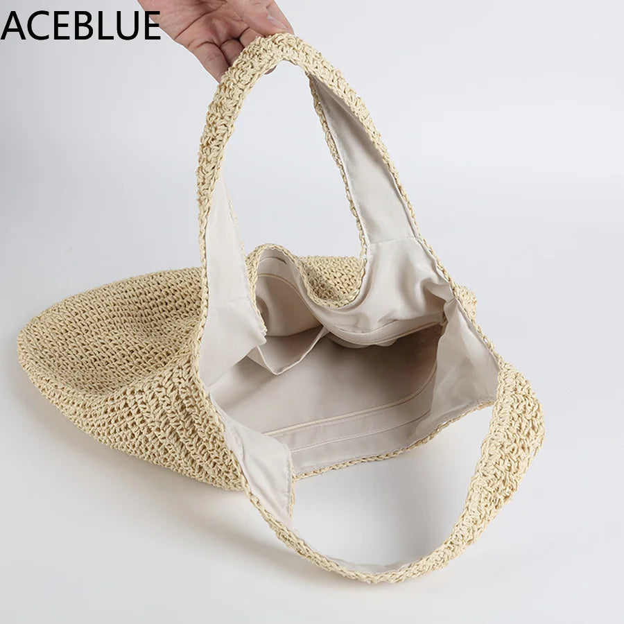 Rattan Women Shoulder Bags Wicker Woven Female Handbags Large Capacity