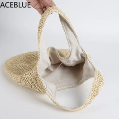 Rattan Women Shoulder Bags Wicker Woven Female Handbags Large Capacity
