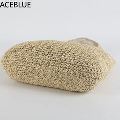 Rattan Women Shoulder Bags Wicker Woven Female Handbags Large Capacity