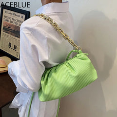 Women's Solid Chain Crossbody Bag PU Leather Striped Cloud Bag