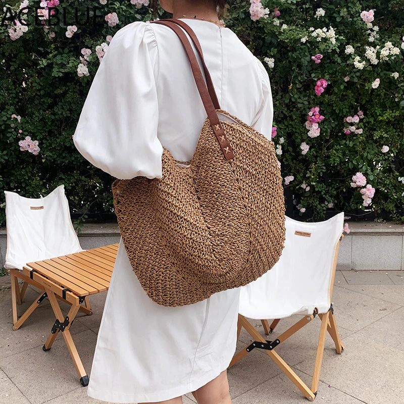 Bohemian Summer Straw Beach Tote Bag Hand-woven Women's Shoulder Handbag