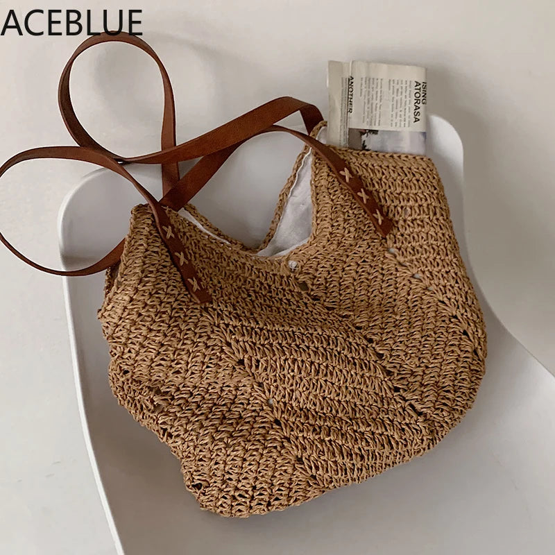 Bohemian Summer Straw Beach Tote Bag Hand-woven Women's Shoulder Handbag